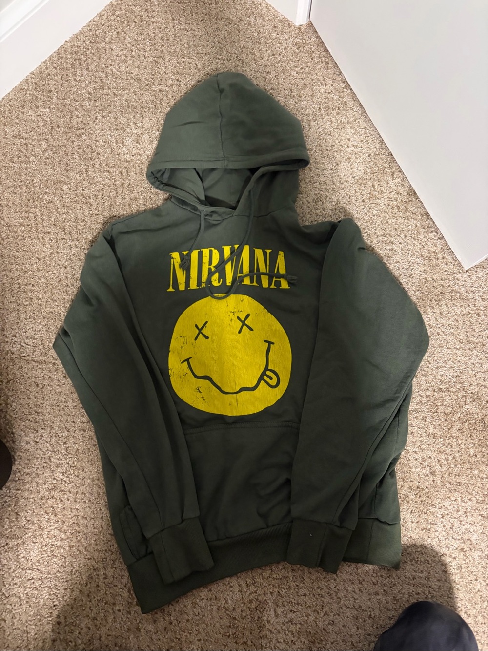 NIRVANA Olive Green Crewneck Hoodie with Yellow Smiley Graphic